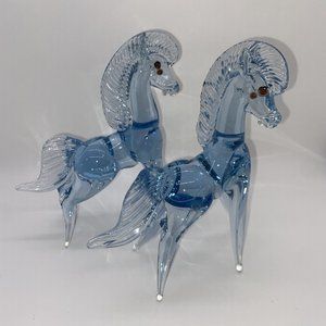 Vintage Mexican Art Glass Horse Blue And Clear Hand Blown 9" Rearing Stallion